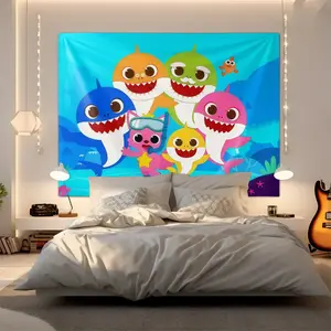 Baby Shark Family Tapestry, Vibrant Cartoon Underwater Wall Hanging, Perfect for Kids Bedroom Decor & Nursery Backdrop