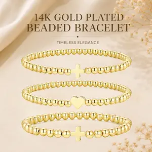 3Pcs Gold Beaded Bracelets Set for Women Teen Girls - Dainty 14K Gold Plated Beaded Cross Heart Bracelet Stack for Women Trendy Non Tarnish Adjustable Stretch Jewelry Gifts