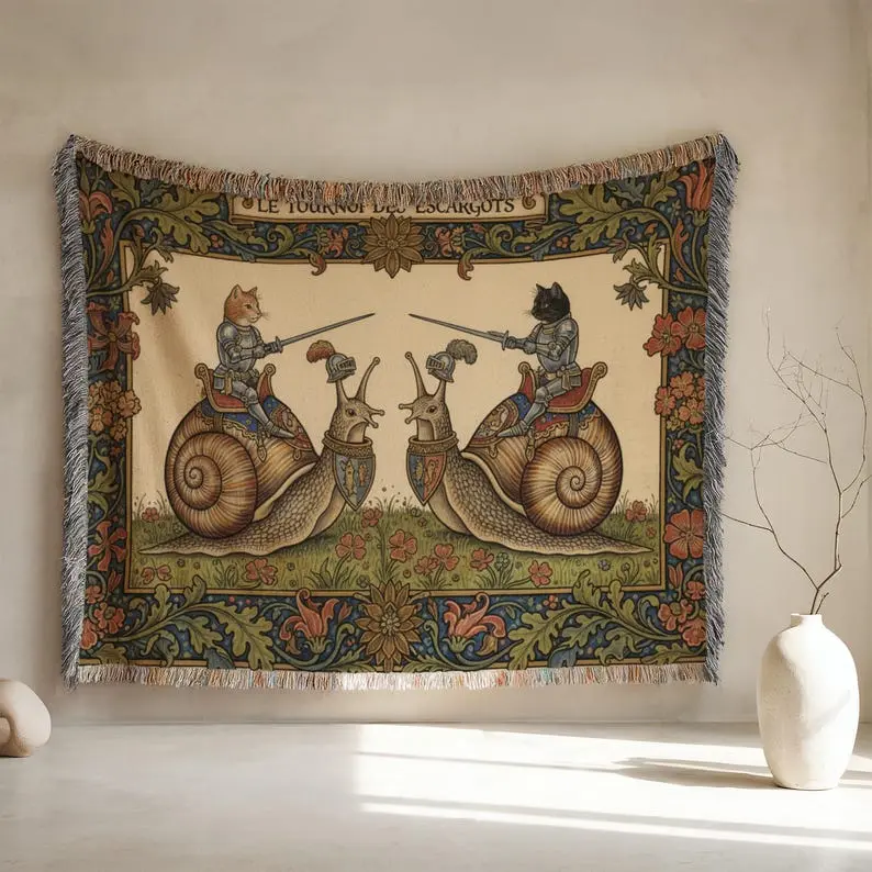 Snail Joust Medieval Tapestry, Cat Knight Woven Blanket, Quirky Wall Hanging