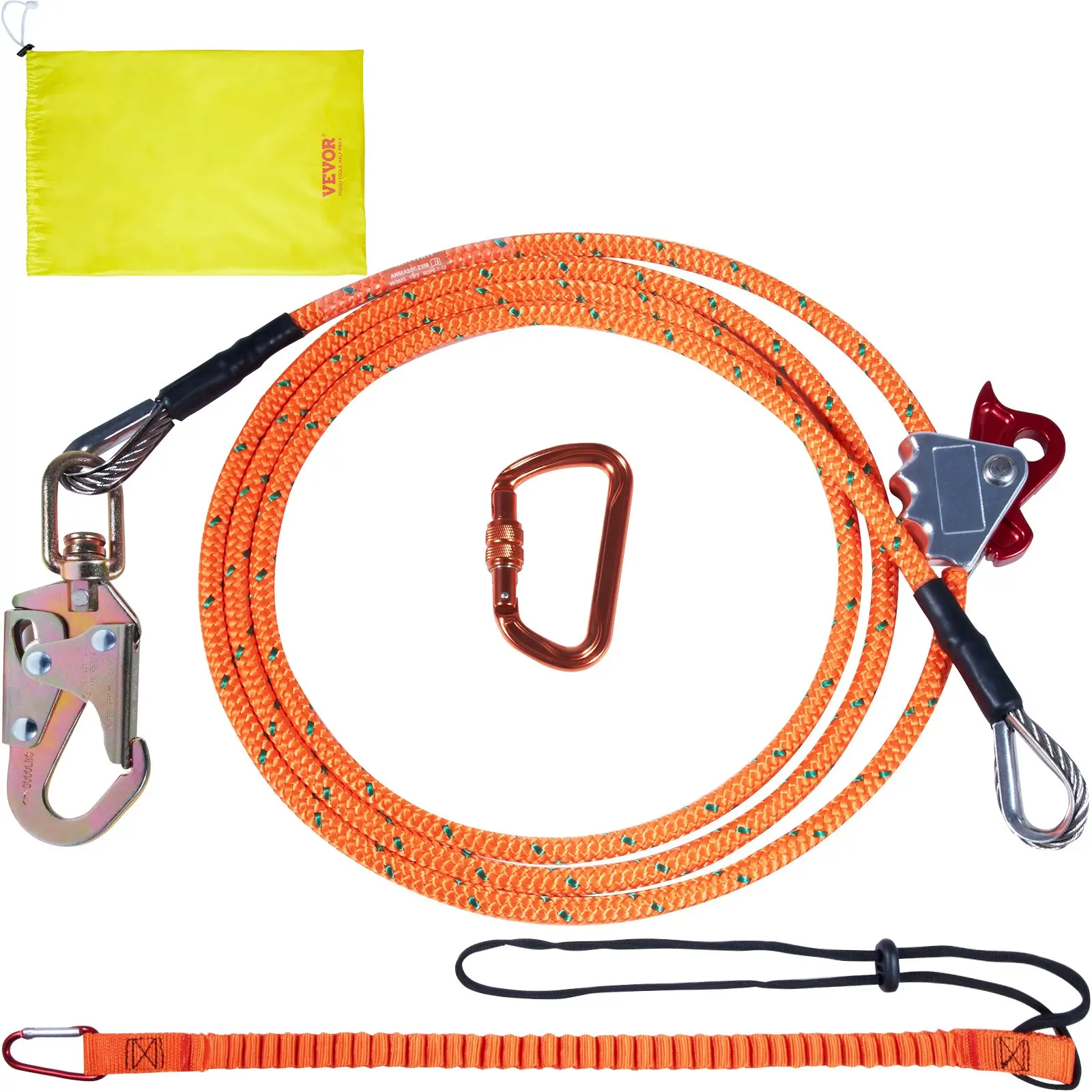 VEVOR Steel Core flipline, 1/2x 8' Arborist Flipline, Flip Line for Tree Climbing with Alloy Steel Snap Hook, Aluminum Alloy Carabiner and Extra Tool Lanyard, for Arborist, Tree Climbers