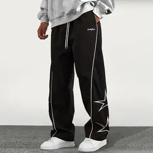 Men’s loose wide-leg drawstring pants with star pattern, stylish and comfortable men’s trousers