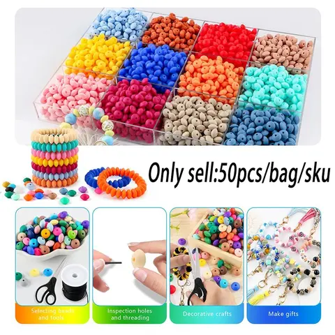50 pieces of 12mm silicone flat beads, assorted colors, silicone abacus beads, silicone spacer beads, suitable for DIY accessories like bracelets, necklaces, and phone charms, Bead Assortment, Beading Accessories, DIY Mix Beads, Beading Supplies