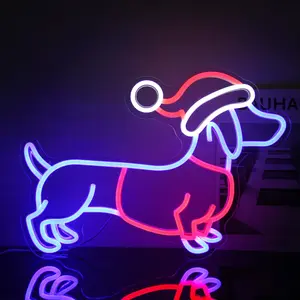 Dachshund Neon Sign Christmas Hat Neon LED Sign Weiner  Neon Lights for Bedroom Puppy LED Sign  Wall Art Cute  Neon Light Up Sign for Pet Shop Party Decor Christmas