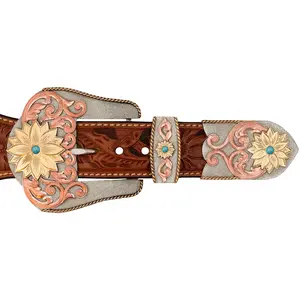 Florence Custom Three Piece buckle | Bronze Sunflower | Simulated Turquoise Stones | Copper Scrollwork | German Silver Base