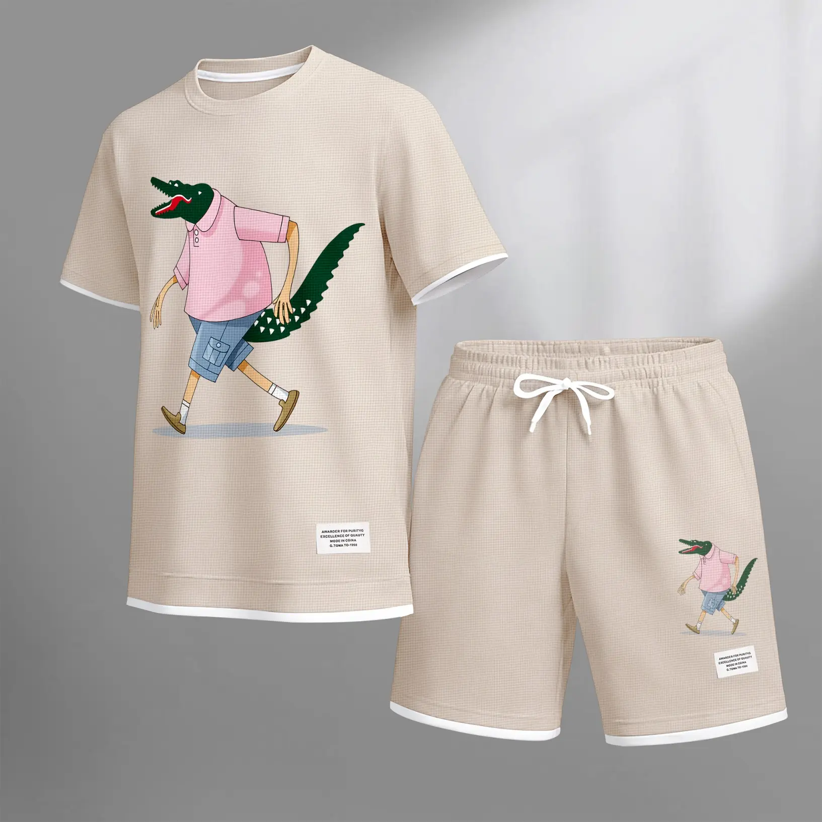 Men's Waffle Knit 2-Piece Set - Casual Crew Neck T-Shirt and Shorts, Lightweight Oversized Fit for Lounging and Resort Wear, Fabric, Drawstring