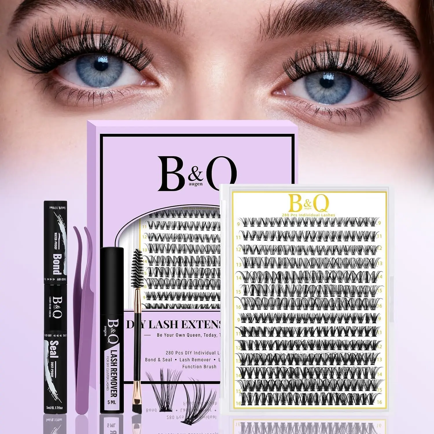 B&Q Lash Clusters Kit 280PCS Eyelash Clusters Kit 30+40D | Individual Lash Comfortable Eyelash Extension Set, Classic Look with Bond&Seal Waterproof, Remover DIY at Home(Set,30D+40D)