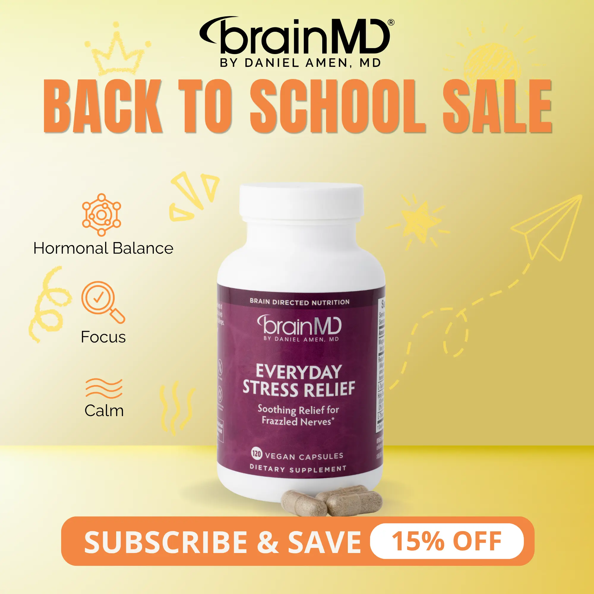 Everyday Stress Relief | BrainMD | 120 Capsules | Calm & Stress Support | Mood Balance & Mental Focus | Relora with Holy Basil & L-Theanine