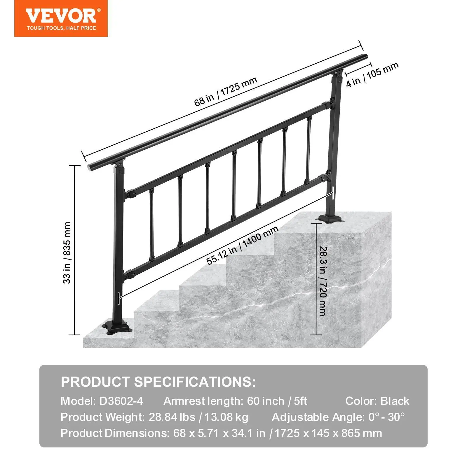 【FathersDayGift】VEVOR Outdoor Stair Railing,  , Fits for 1-5 Steps Transitional Wrought Iron Handrail, Adjustable Exterior Stair Railing with Fence, Handrails for Concrete Steps with Installation Kit, Matte Black