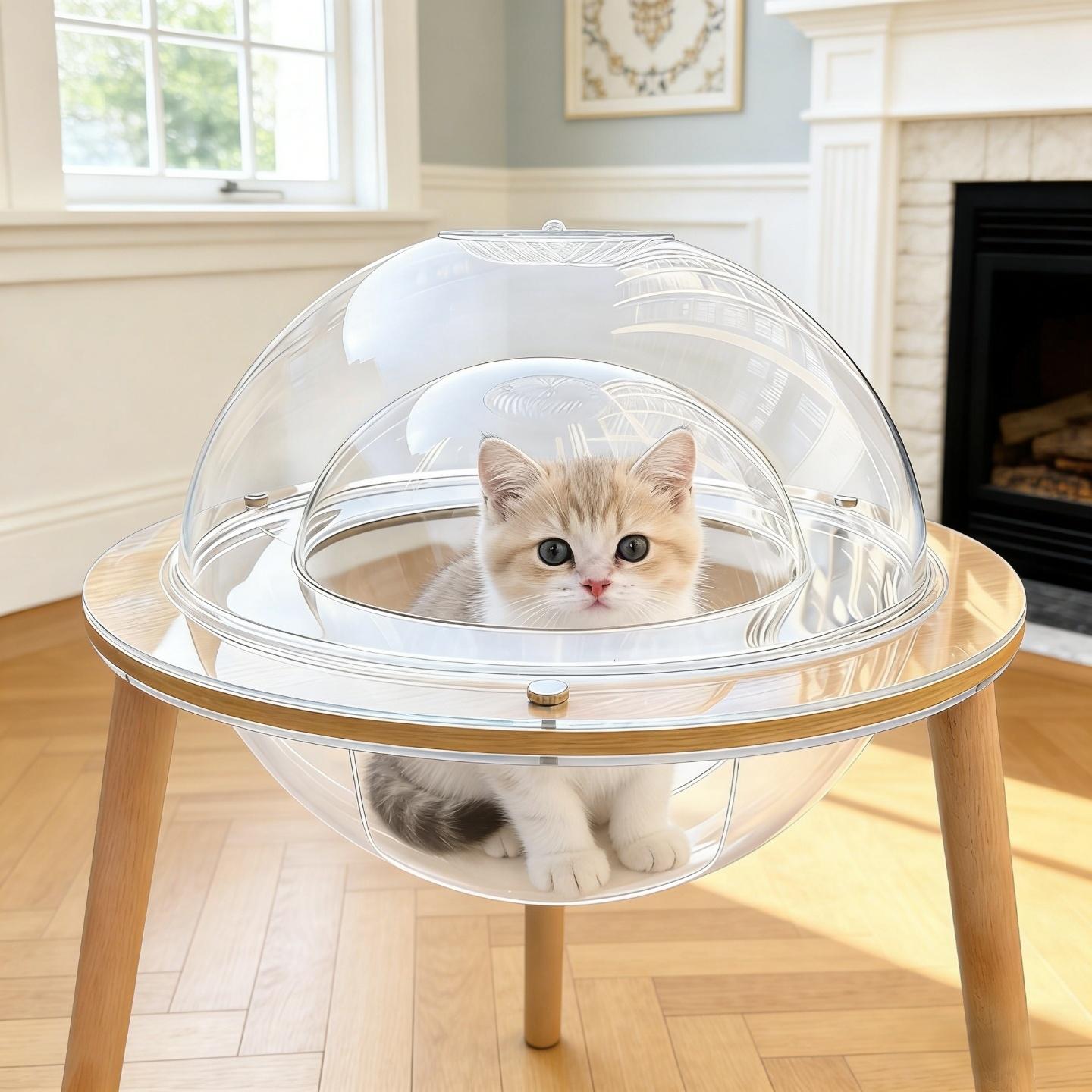 Eyisean 23.6" Acrylic Large Round Transparent Cat Cave, 2-in-1 Space-Saving Kitty Bed Fish Tank with Plywood Base, Heavy-Duty 360° Immersive Pet House, Indoor Cat Enrichment Furniture for Living Room
