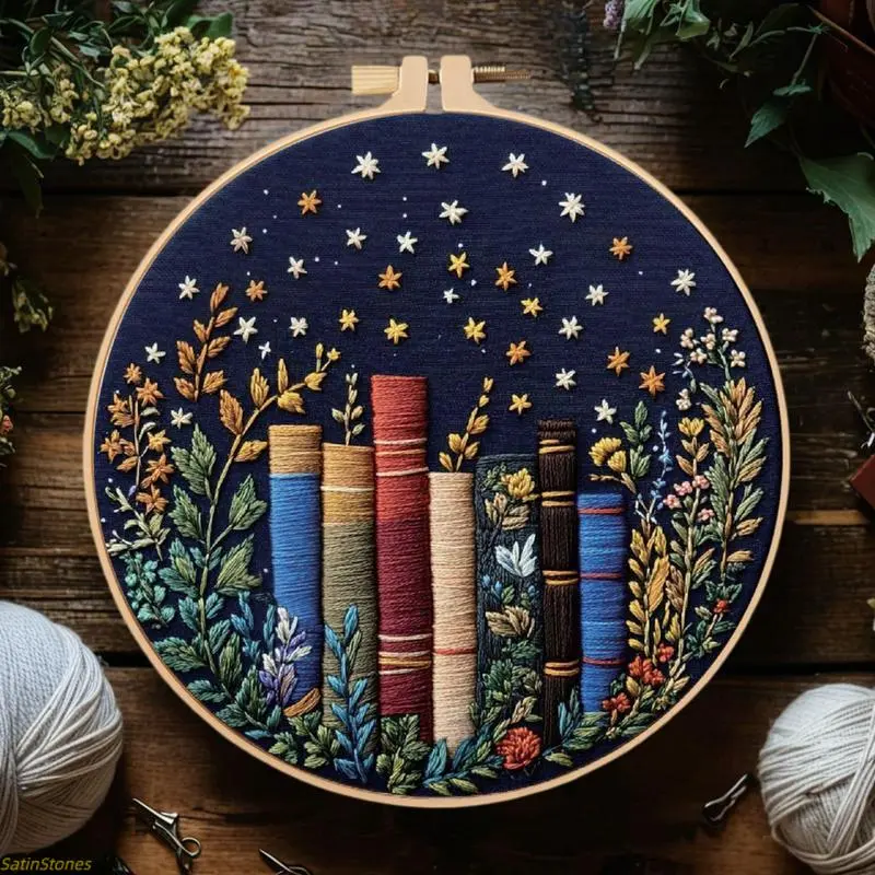 Floral Embroidery Kit with Starry Book Design for Beginners, Complete DIY Hand-Stitched Craft Set with Hoop, Threads, and Guide for Home Decor Gifts, Embroidered Floral Design