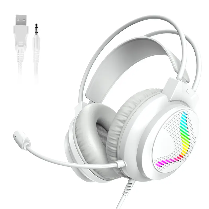 White RGB Luminous Cabled Gaming Headset - Gaming Audio Headphones with 3.5mm Over-Ear Design, Mic, 7.1 Surround Sound, Noise Cancellation, Stereo, Vibrant RGB Light, PC Accessories, Game Console Compatibility (PS4, PS5, Xbox Series, Switch)