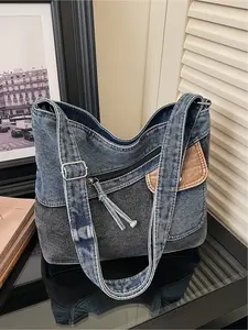Vintage denim patchwork shoulder bag with multi pocket design, crossbody bag with personalized trendy handbag, daily outdoor commuting bag, Crossbody Messenger Bag