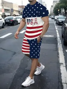 Men's Colorblock Usa Flag Pattern Casual T-Shirt and Shorts Set, Polyester Knit Stretch, Fitted, Summer 2-Piece