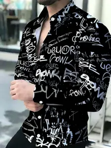 Men's Black and White Graffiti Print Breathable Lapel Long-Sleeved Cardigan