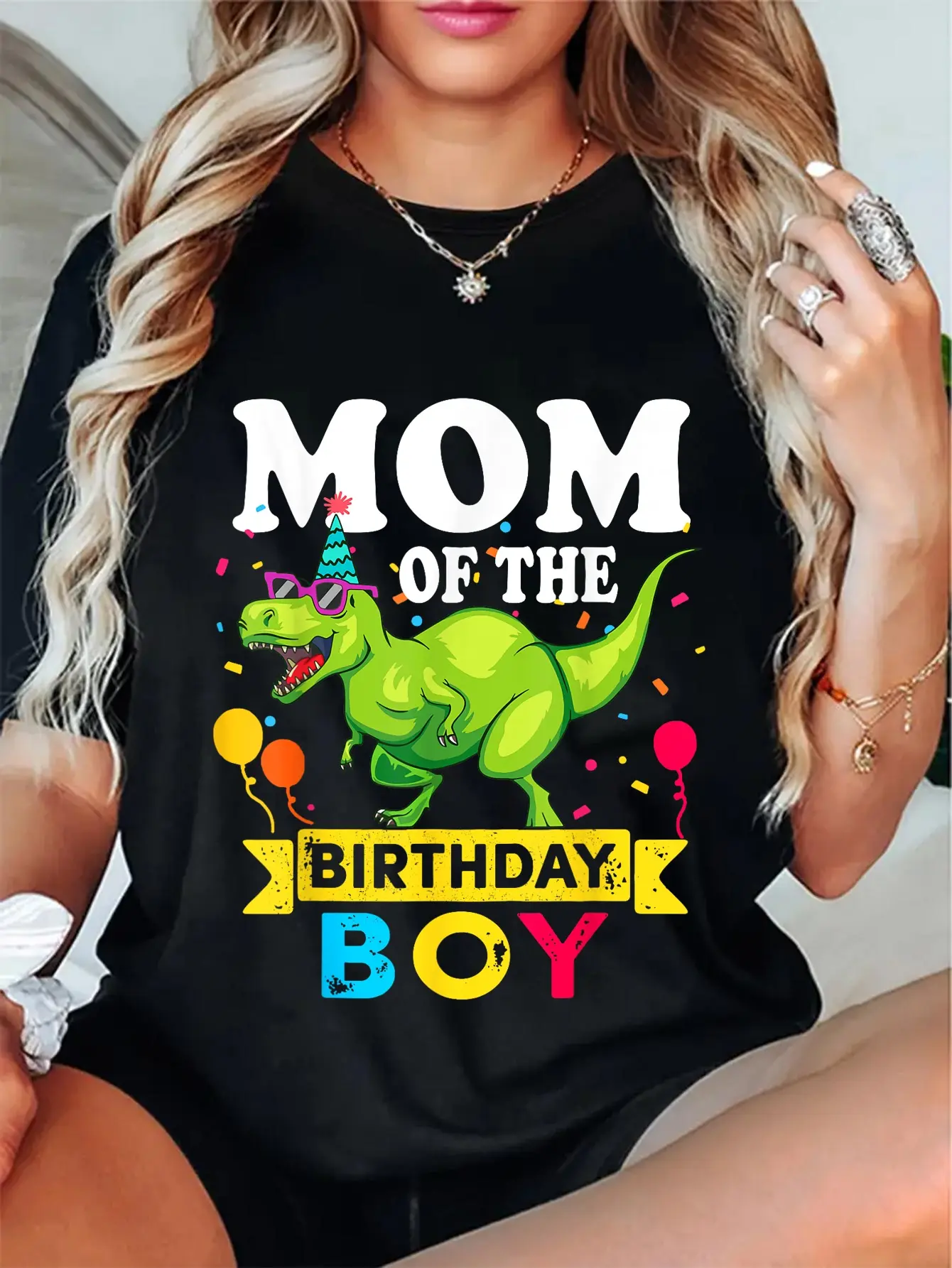 Unisex 100% Cotton Short-Sleeve T-Shirt, Vintage Round Neck with Playful Funny T-Rex Prehistoric Dinosaur Print, Birthday Theme for Women (Mom of Birthday Boy), Multi-Size, Great for Parties & Hangs, Casual Streetwear Everyday Top