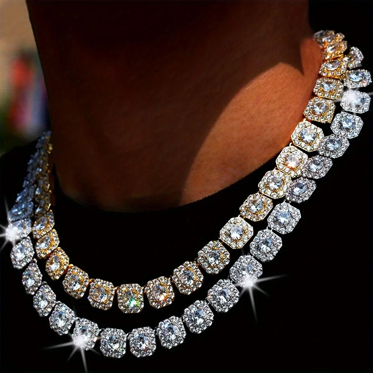 Men's 18" Cuban-Style Rhinestone Crystal Zinc Alloy Choker Necklace, Iced Sparkling Zirconia Hip-Hop Accessory, Cable Chain Jewelry, Ice Necklaces, Cable Chain Necklaces