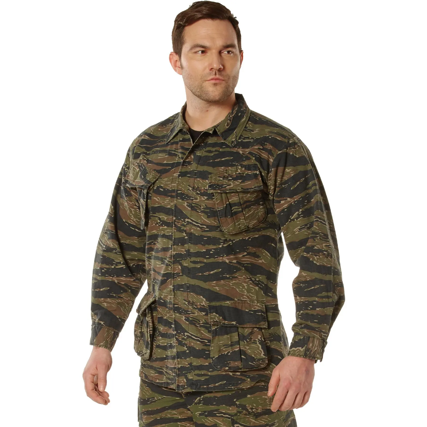 Men's Vintage Tiger Stripe Fatigue Shirt, Asian Military Style Cotton Rip-Stop Workwear with 4 Slanted Pockets, Uniforms, Menswear, Replica