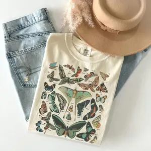Comfort Colors Vintage Butterfly & Moth T-Shirt – Cottagecore Aesthetic, Boho Nature Tee, Soft Cotton Women's Casual Round Neck Tee