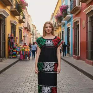 Mexican Style Embroidered Dress - Black with Red Green Accents - Traditional Folklore Design - Comfortable Fit