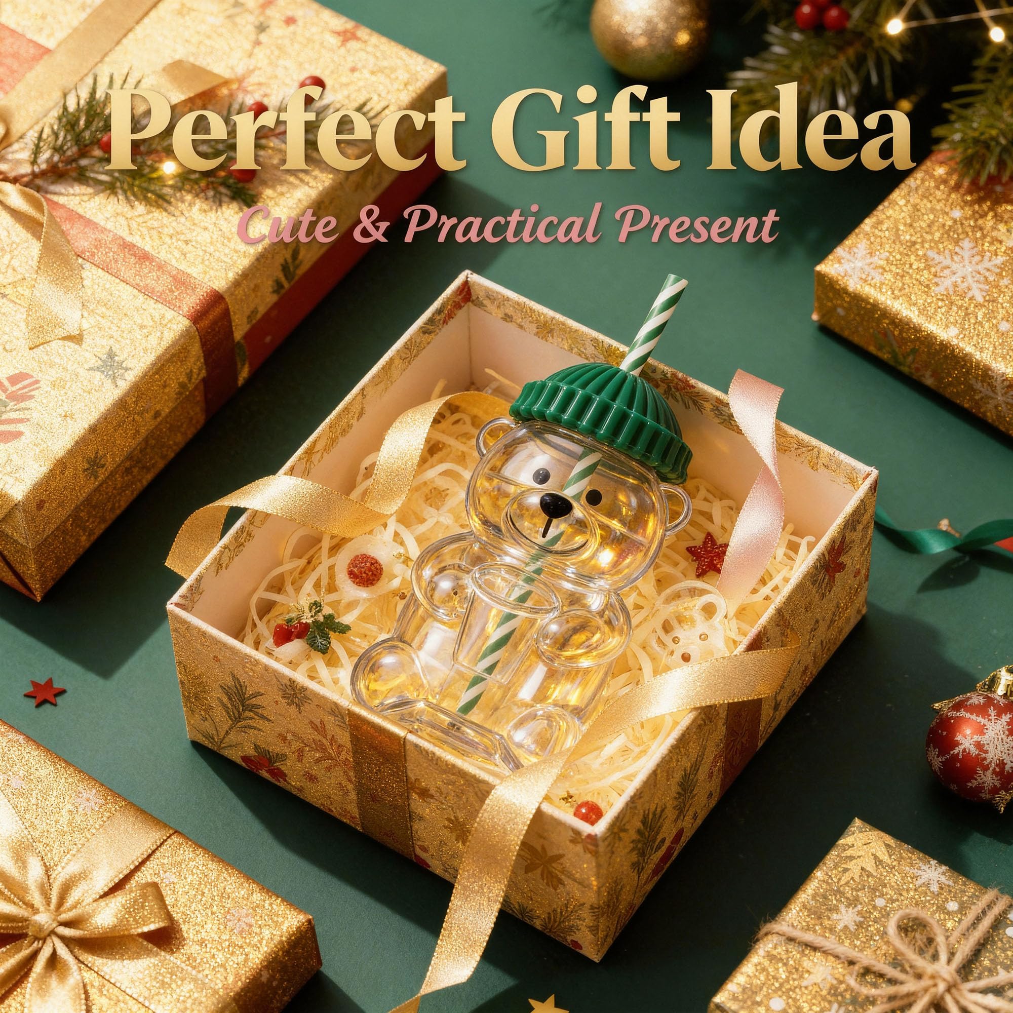 17oz Bear-Shaped  Cup, Cute Reusable  Tumbler with Lid and Straw for Coffee, Milk Tea, Birthday & Holiday Gift (Green) 2026New