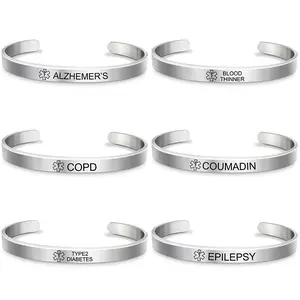 Fashion Silver Plated Medical Alert Cuff Bracelet EPILEPSY Diabetic Allergy Stainless Steel Bangle For Women Men