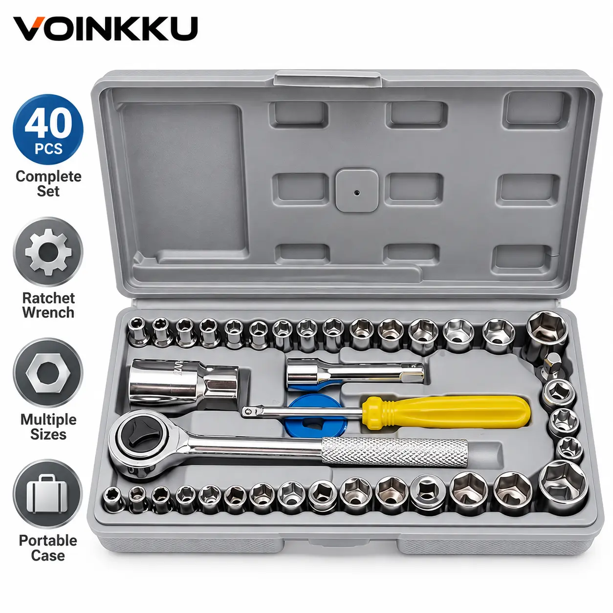 Ratchet Socket Wrench Set,40-Piece 1/4" & 3/8" Drive, Metric & SAE Sockets Kit with Storage Case, Includes Extension Bar, Spinner Handle & Spark Plug Socket, Auto Motorcycle Repair Hand Tool Kit