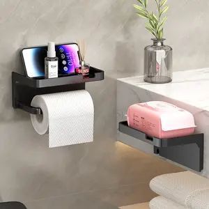 Wall-Mounted Toilet Paper Holder with Shelf & Phone Stand, Plastic Material, Self-Adhesive Design, No Drilling Required, Bathroom Roll Dispenser, Bathroom Organizer, Bathroom Accessory, Bathroom Organizer Supplies