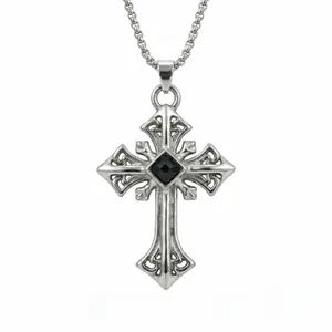 AuraNova Unisex Stainless Steel Black Stone Cross Necklace Gothic-Inspired Faith Jewelry Christian Gift for Men & Women Vintage  Pendant Jewelry