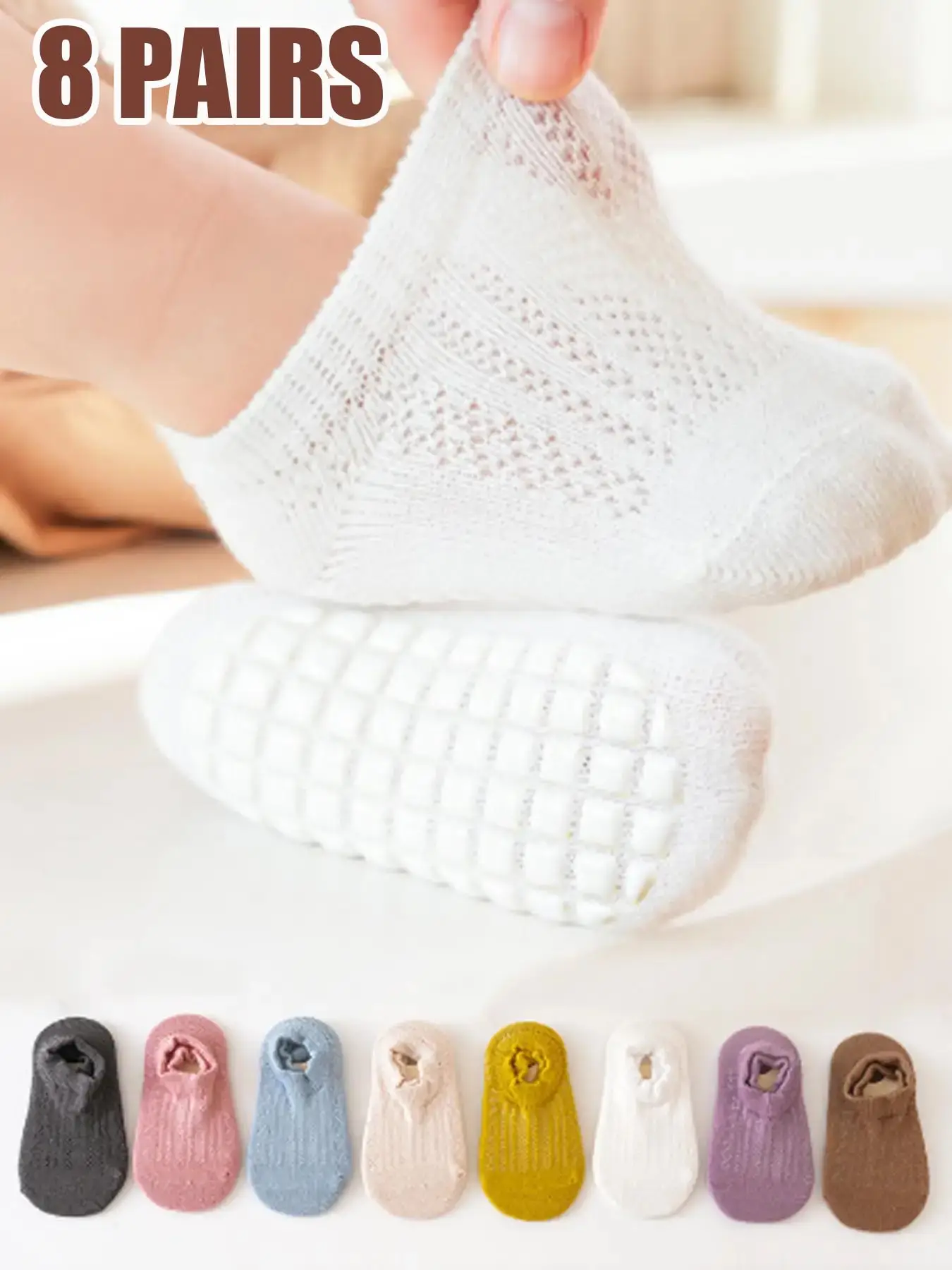 8 Pair Set Non-Slip Focus Socks, Summer Short Ankle Socks for Babies, Breathable Baby Floor Socks for Learning to Walk, Soft Comfy Socks