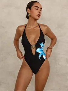 Floral Print One-Piece Swimsuit, Backless Deep V Neck Swimwear, Elegant Women's Bathing Suit, Summer Beach Wear, Floral Print Swimsuits
