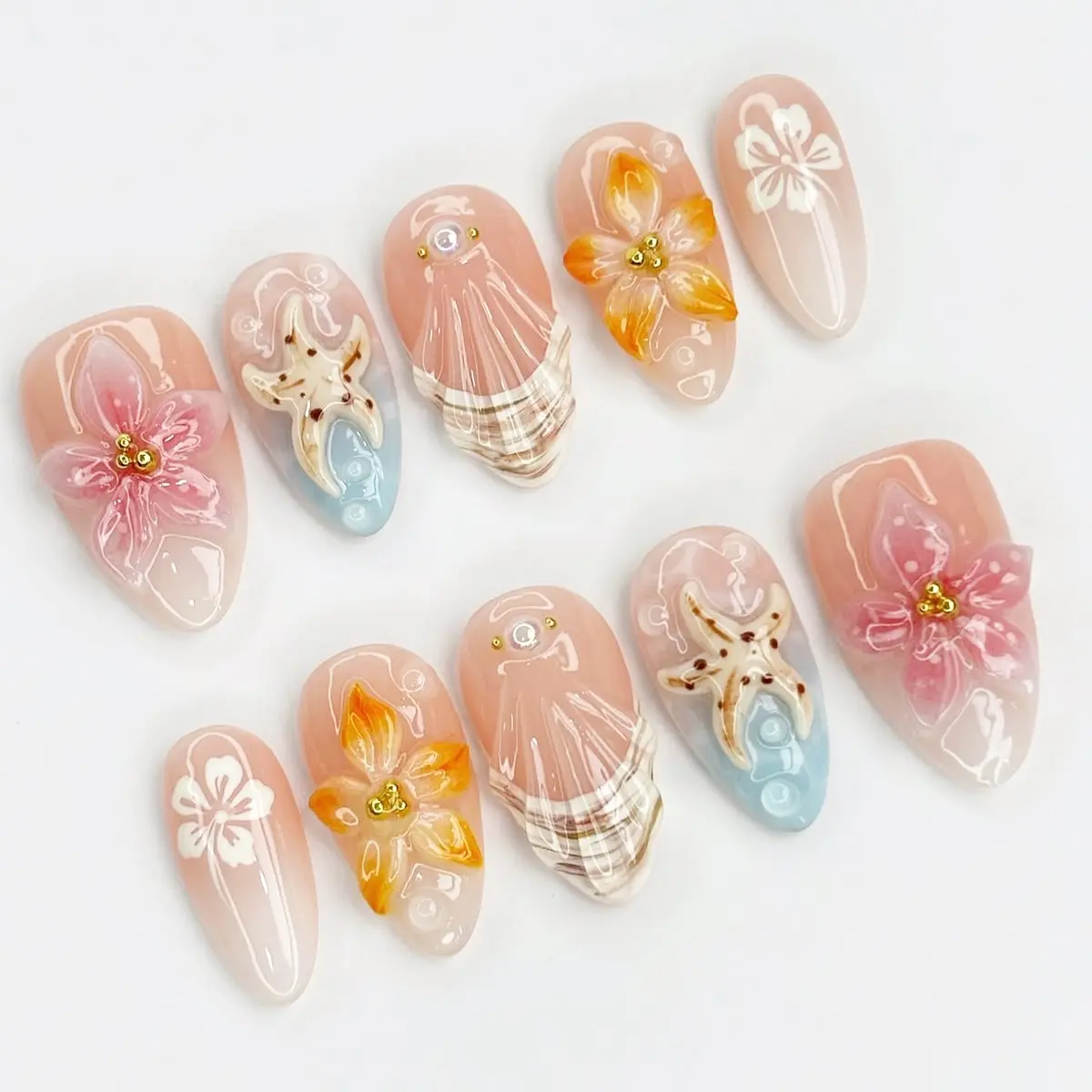 30pcs 3D Ocean Press on Nails, Medium Almond Shape, Starfish & Shell Design, Reusable Customizable Removable False Nails for Women, Fake Nail, Decorative Nails, DIY Home Nail Art