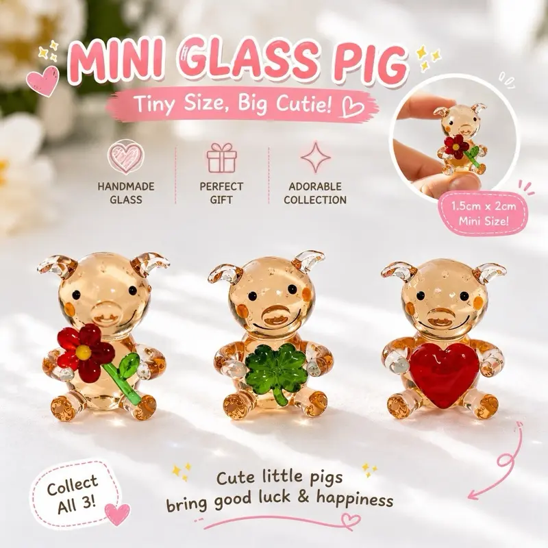 Hand Blown Mini Glass Pig Figurine | Lucky Clover, Flower & Heart Pig | Handmade Glass Desk Decor