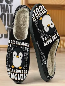Math Penguin Theme Fun Cotton Slippers, Base with Funny Text, Soft Plush Lining, Casual Home Wear, Fall & Winter