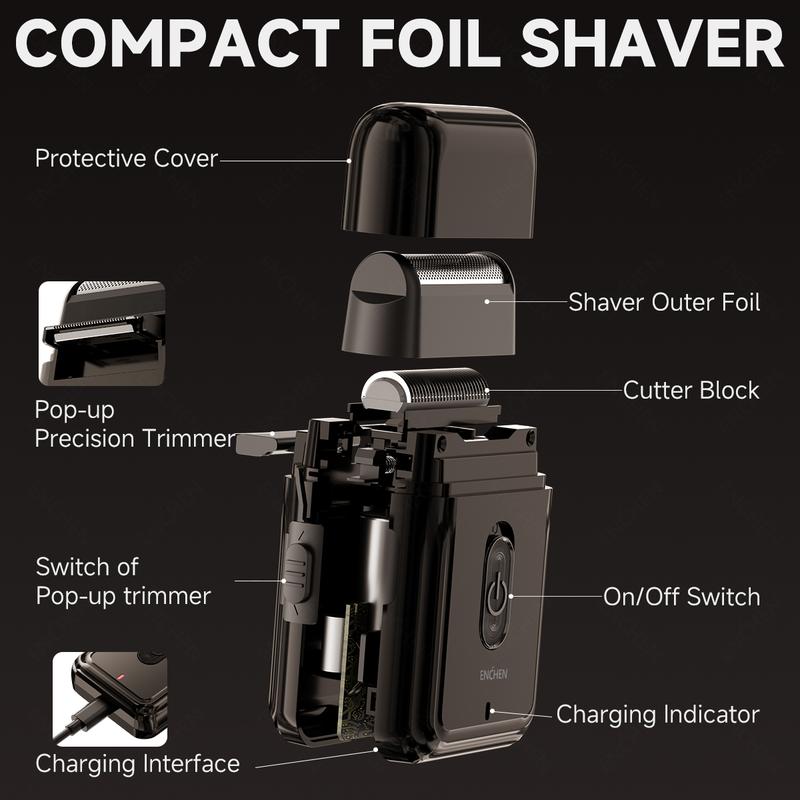 ENCHEN Electric Foil Shaver for Men, Compact Shaver, One-Button Use Waterproof Comfort Body Shaver for Men, Comfortable Grip, Rechargeable Cordless Shaver, Deep Clean Shave Anytime, Anywhere, Portable Design - Ideal Companion for Home and Travel