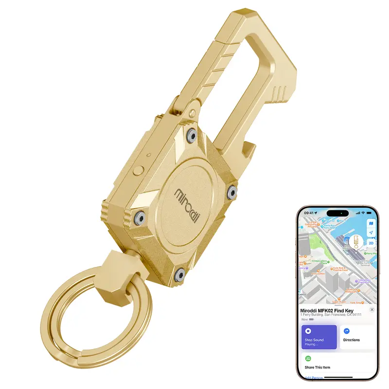 Miroddi Bluetooth Tracker Keychain with Buckle - USB Rechargeable, IP67 Waterproof, Scratch-Resistant Steel, Bottle Opener Design, iOS Find My Only, Heavy-Duty Black Everyday Fashion Accessory, Gift for Boyfriend