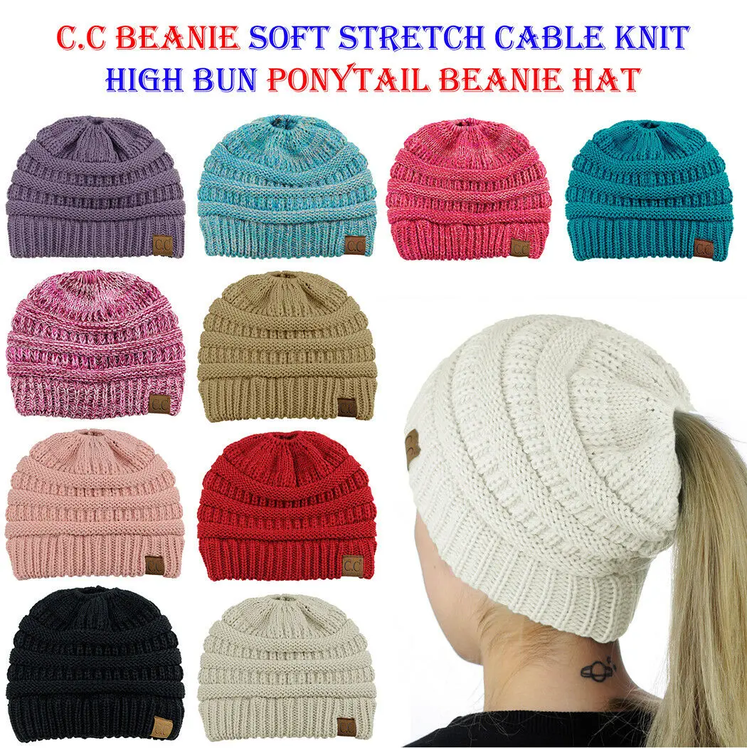 C.C BeanieTail Soft Stretch Cable Knit Messy High Bun Ponytail CC Beanie Hat Cap beanie