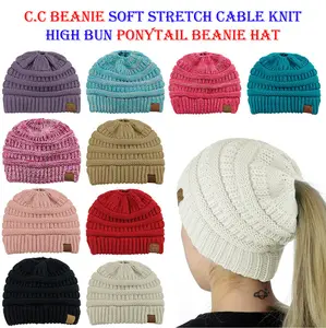C.C BeanieTail Soft Stretch Cable Knit Messy High Bun Ponytail CC Beanie Hat Cap beanie