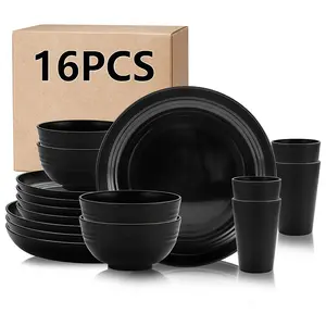 16-piece set of sturdy and durable PP tableware, shatterproof material, microwave-heatable, dishwasher-washable, reusable, black, including 8 plates, 4 bowls and 4 cups-suitable for camping and daily use, Dinnerware Set