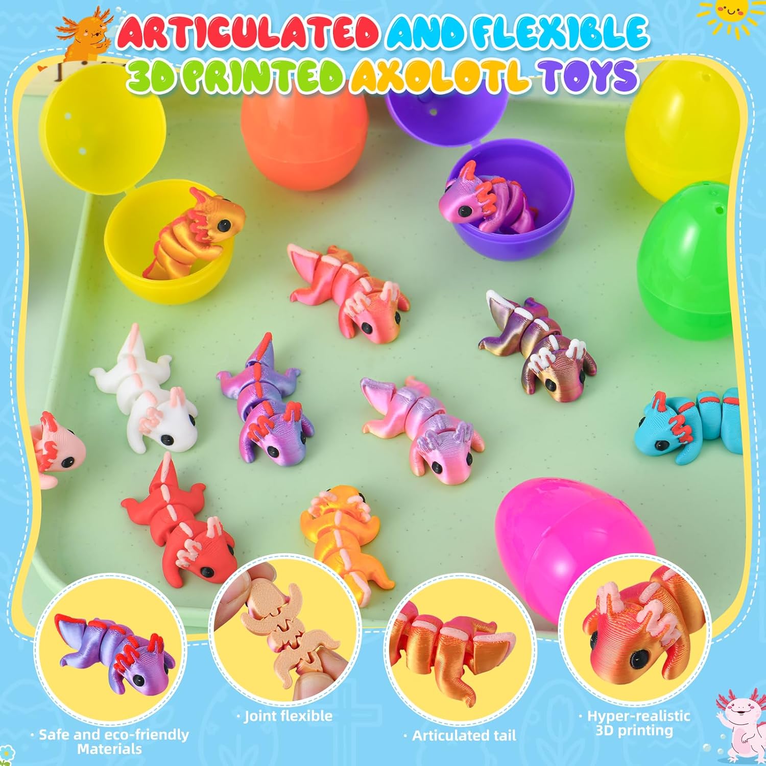 24‑Pack Prefilled Easter Eggs with 3D Printed Axolotl Figurines – Easter Basket Stuffers & Easter Egg Hunt Toys for Kids, Fun Fidget & Toy Egg Fillers