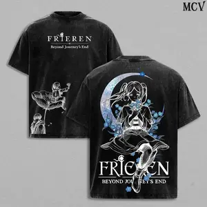 Frieren Beyond Journey’s End Tee & Hoodie Washed, Vintage Washed Heavy Cotton Oversized Anime Manga Hoodie T-Shirt Set, Retro Unisex Streetwear Graphic Top, Fantasy Healing Journey Edition, Japanese Anime Merch