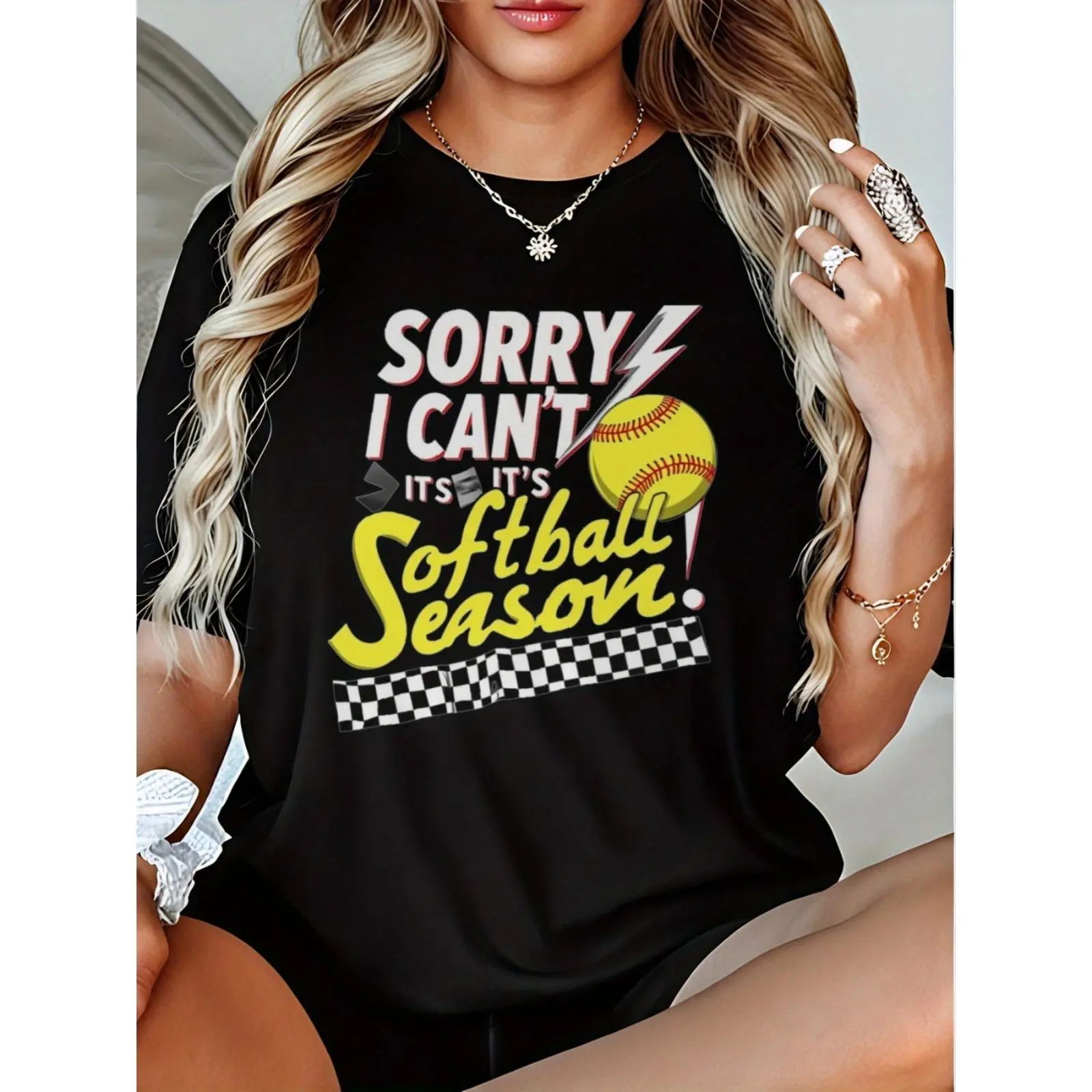 Women's 180gsm Heavyweight Cotton Softball T-Shirt - Funny "Sorry I Can't It's Softball Season" Digital Print, Baseball & Lightning Bolt Design, Short-Sleeve, Breathable, Fitted, Everyday Player Essential, Team Spirit Gift, Joggers-Matching Fabric, Casual