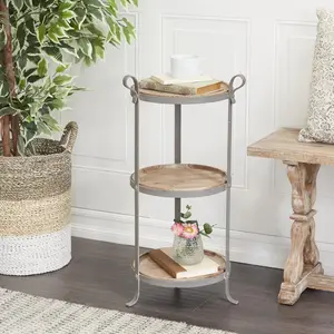 Gray Metal 2 Shelf Side End Accent Table with Brown Wood Tabletops
