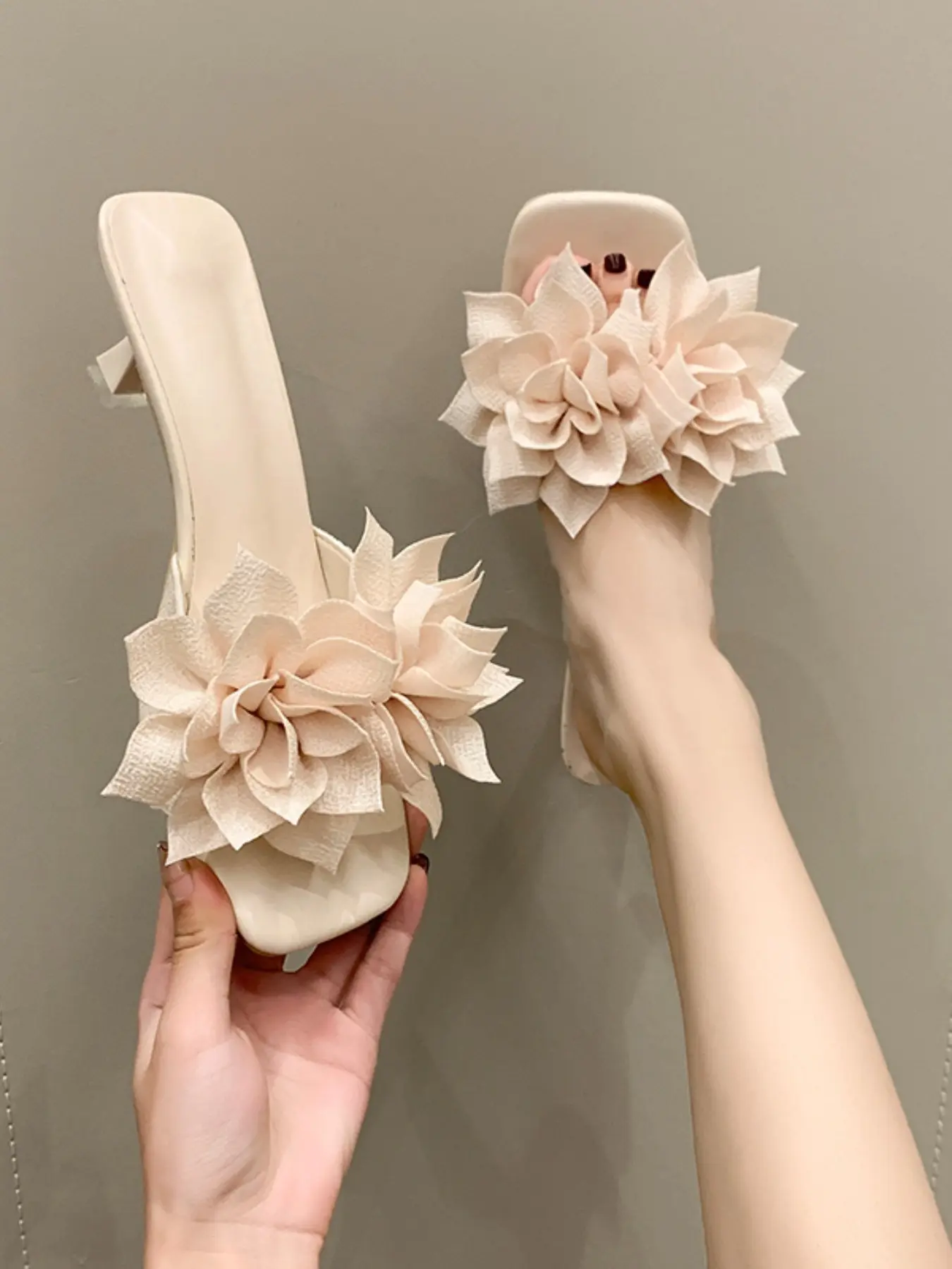 Women's Pink 3D Flower Square Toe Kitten Heel Mule Slides, Floral Kitten Heels, Romantic Sweet Date Chic Style, Comfy Summer Rubber Sandals, Classy Sandal #FlowerKittenHeelSlides, #RomanticSweetDateChic, #ElegantSummerShoes