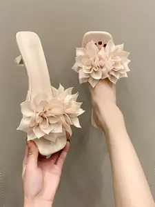 Women's Pink 3D Flower Square Toe Kitten Heel Mule Slides, Romantic Sweet Date Chic Style, Comfy Summer Rubber Sandals #FlowerKittenHeelSlides, #RomanticSweetDateChic, #ElegantSummerShoes