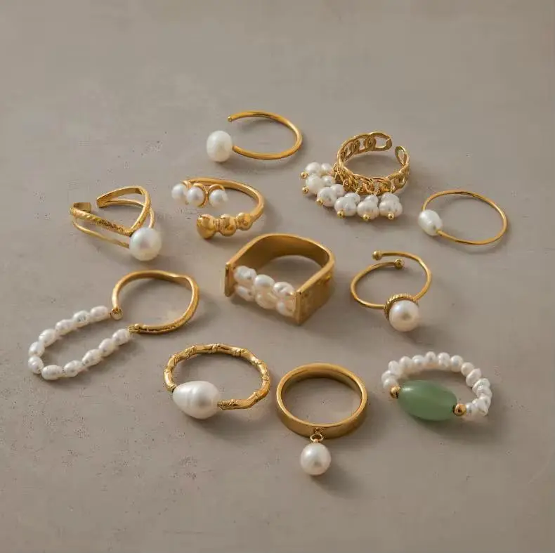 Stainless Steel Fashion Rings with Freshwater Pearl and Jade Accents - Tarnish-Free, Waterproof, Unique Statement Rings for Everyday Wear, Unique Rings