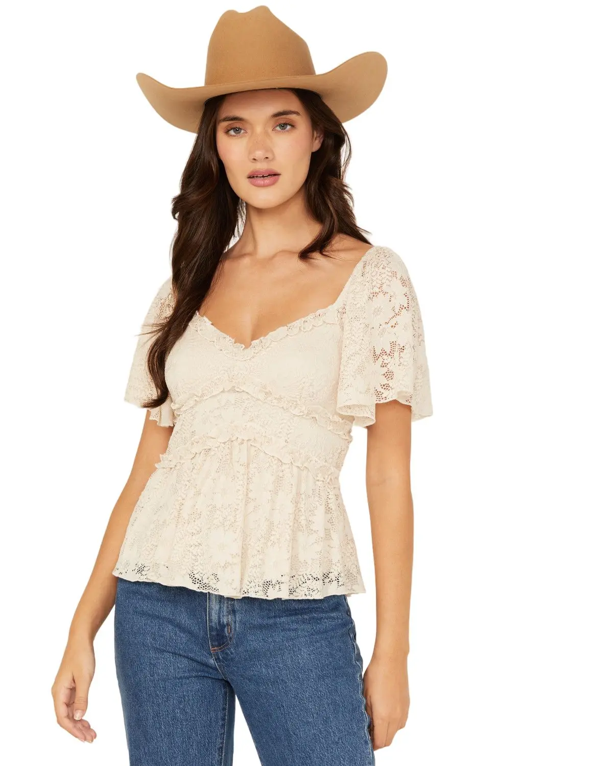 Originality Women's Women'S Ruffle Lace Short Sleeve Top - A2769k793ji-Crm