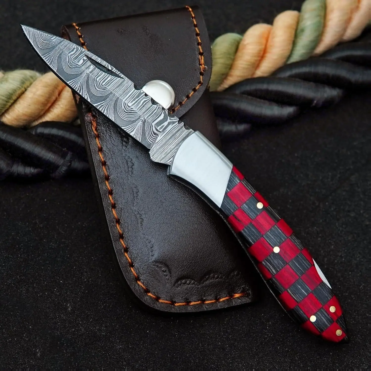 Damascus Pocket Folding Knife Gift for him groomsman Anniversary Birthday gift (Red & Black) Survival Tools