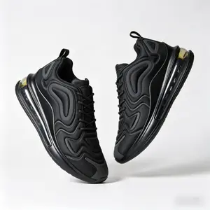Mens All-Black Air Cushion Running Sneakers, Breathable Knit Upper Athletic Shoes with Full-Length Air Sole for Gym and Casual Wear