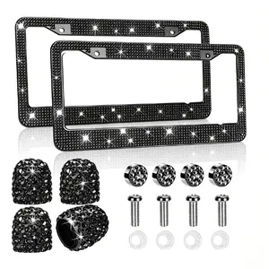 Pink Bling Glitter License Plate Frames 2 Pack - Rhinestone Stainless Steel, Universal Fit, Includes Bling Valve Stem Caps, U.s. Standard 2 Holes