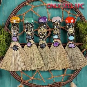 Natural Crystal Point Stone Palm Broom Craft, Unique Crystal Design, 1 Count Artificial Crystal Tip Small Broom, Witch Tools, witchcraft essentials, Altar Supplies, Quartz Witch Broom, Halloween